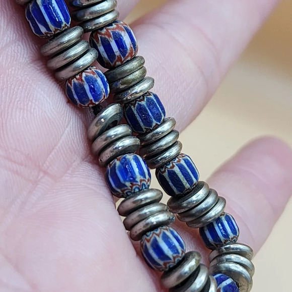 Blue Chevron Beads Five Layer African Trade Beads Handcrafted Strand - Picture 3 of 8